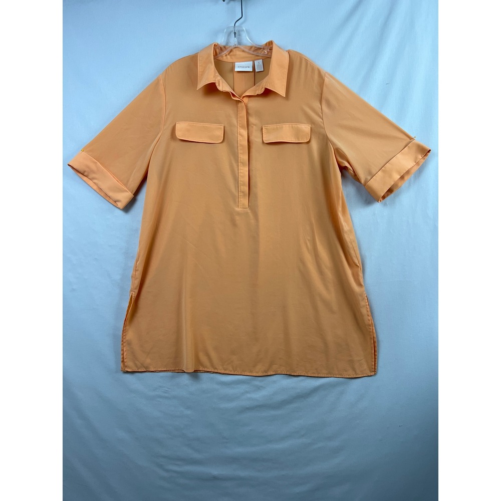 Chico's Dress Women Sz 3 Orange Short Sleeve Collared Shift Button Chest Pocket